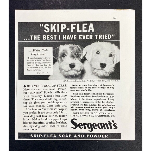 Sergeant's Skip-Flea Soap and Powder "The best I Have Ever Tried" Print Ad 1936 - Picture 3 of 3